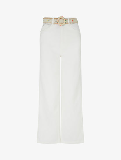 Jean droit uni à ceinture fleurie - Blanc - 1