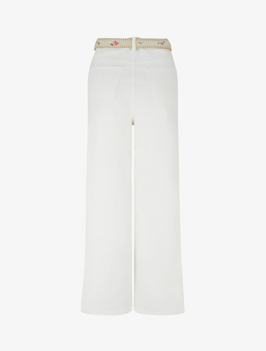 Jean droit uni à ceinture fleurie - Blanc - 2