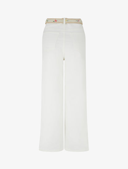 Jean droit uni à ceinture fleurie - Blanc - 2