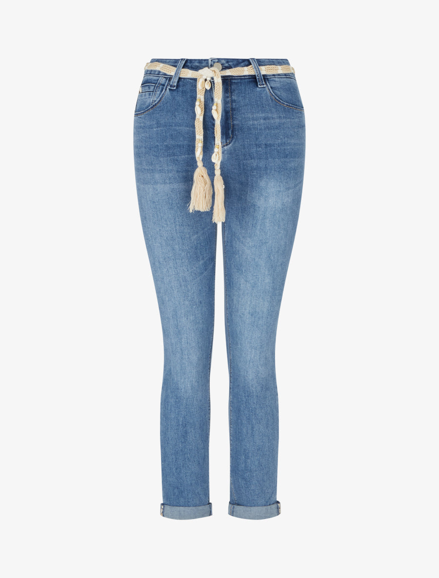 Jean slim à revers et ceinture coquillages - Bleu - 1