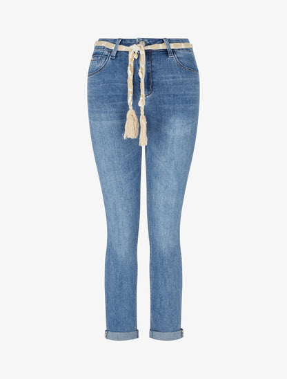 Jean slim à revers et ceinture coquillages - Bleu - 1