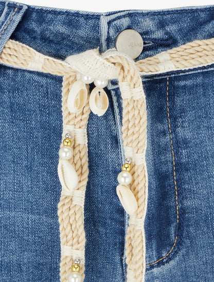 Jean slim à revers et ceinture coquillages - Bleu - 3