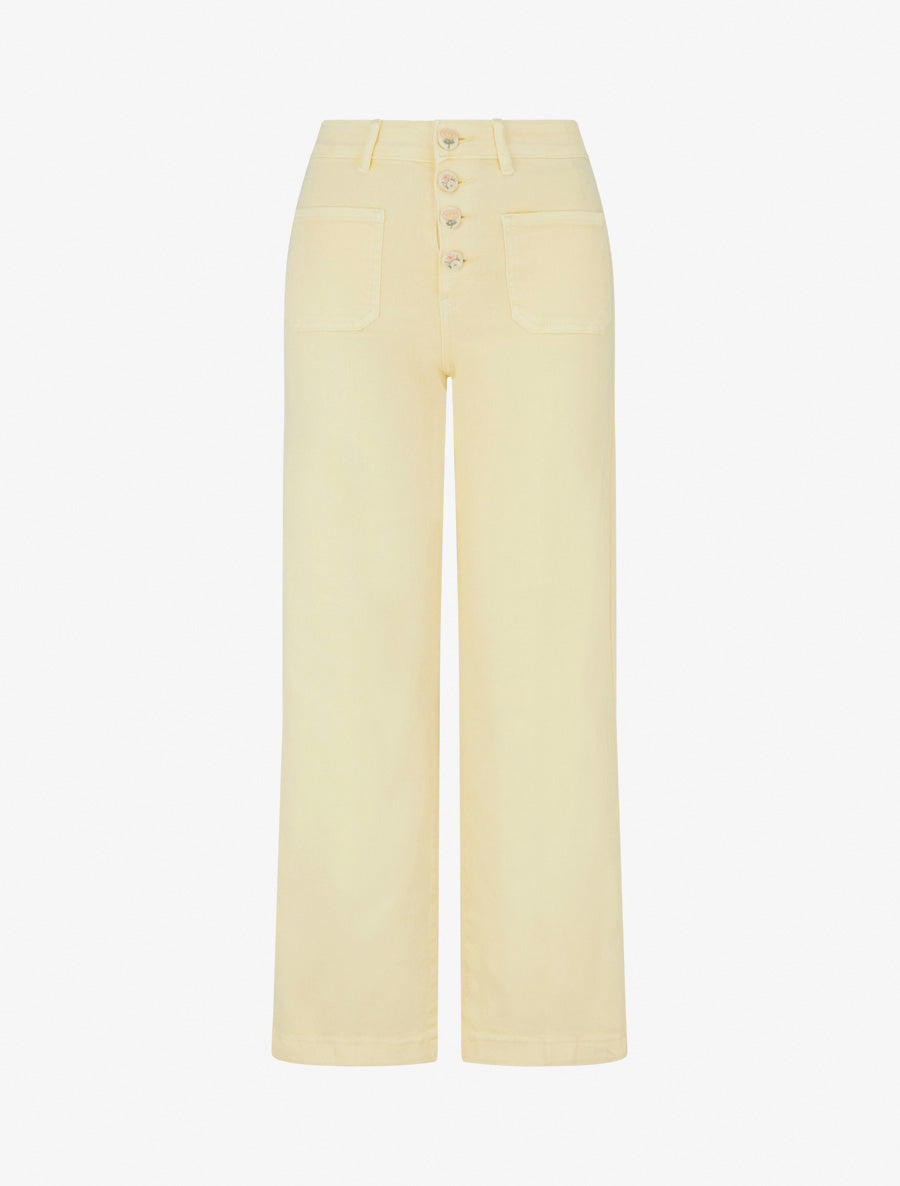 Jean droit à boutons brodés fleuris - Jaune - 1