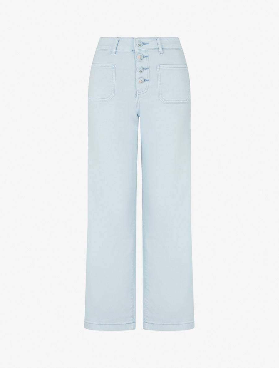 Jean droit à boutons brodés fleuris - Bleu ciel - 1