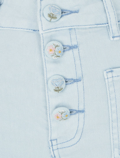 Jean droit à boutons brodés fleuris - Bleu ciel - 3