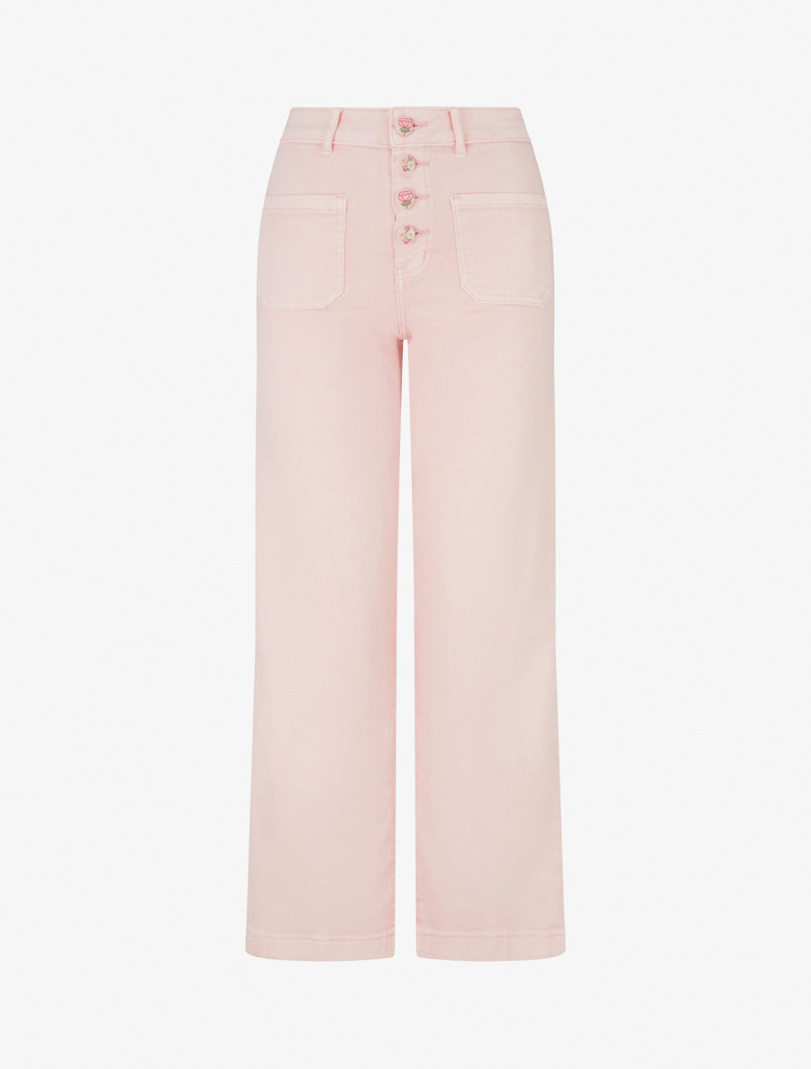 Jean droit à boutons brodés fleuris - Rose - 1