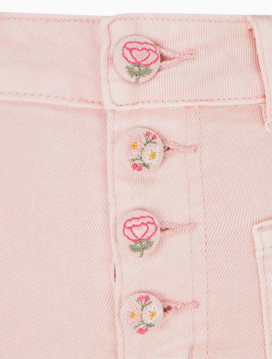 Jean droit à boutons brodés fleuris - Rose - 3