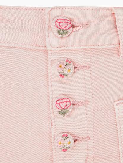 Jean droit à boutons brodés fleuris - Rose - 3
