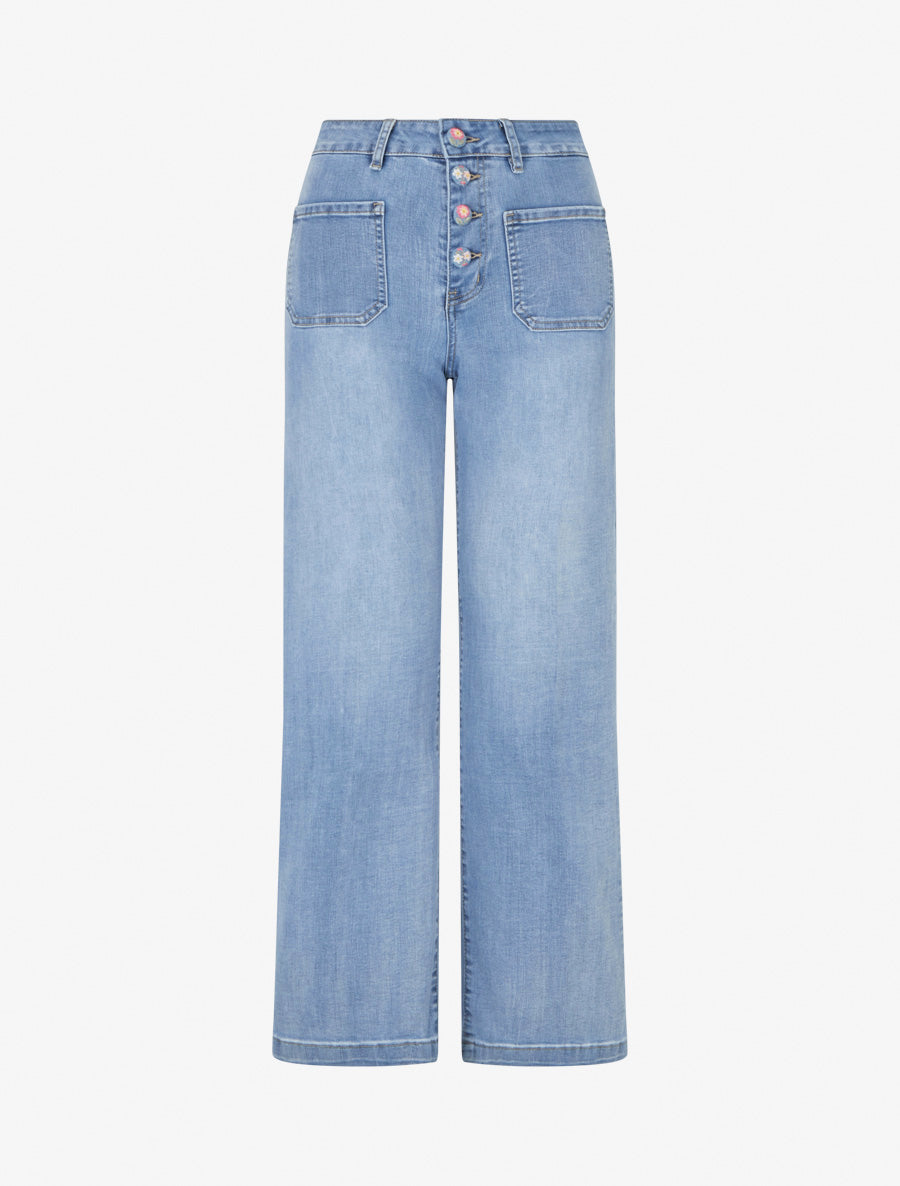Jean droit à boutons brodés fleuris - Bleu denim - 1