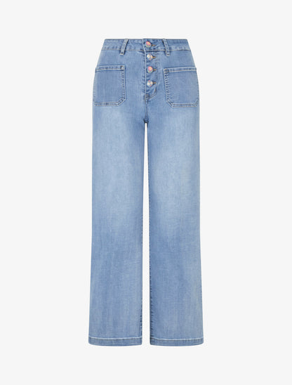 Jean droit à boutons brodés fleuris - Bleu denim - 1