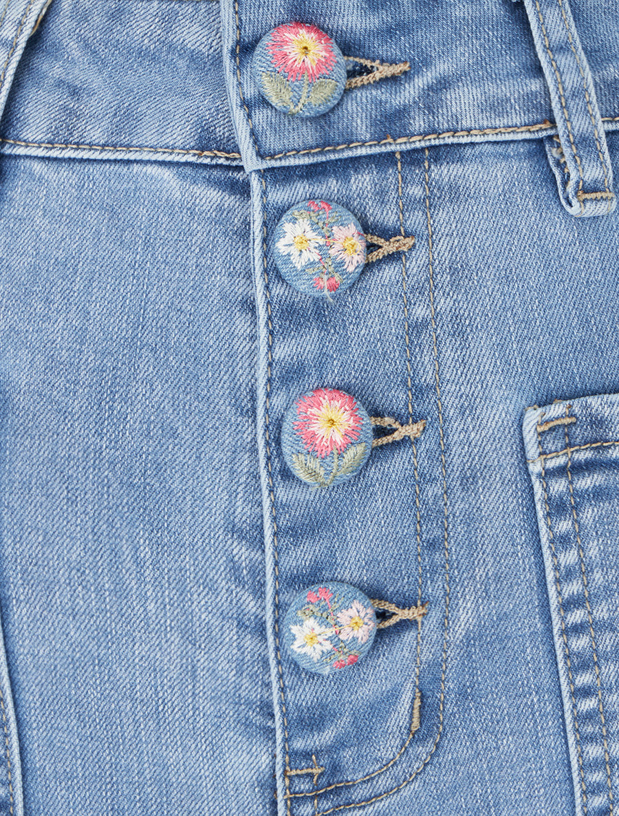 Jean droit à boutons brodés fleuris - Bleu denim - 3