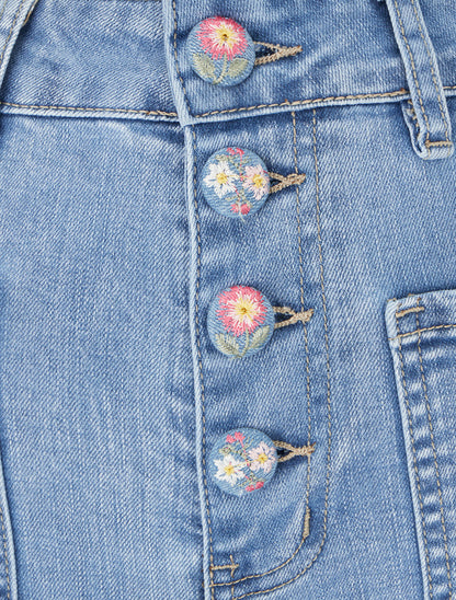 Jean droit à boutons brodés fleuris - Bleu denim - 3