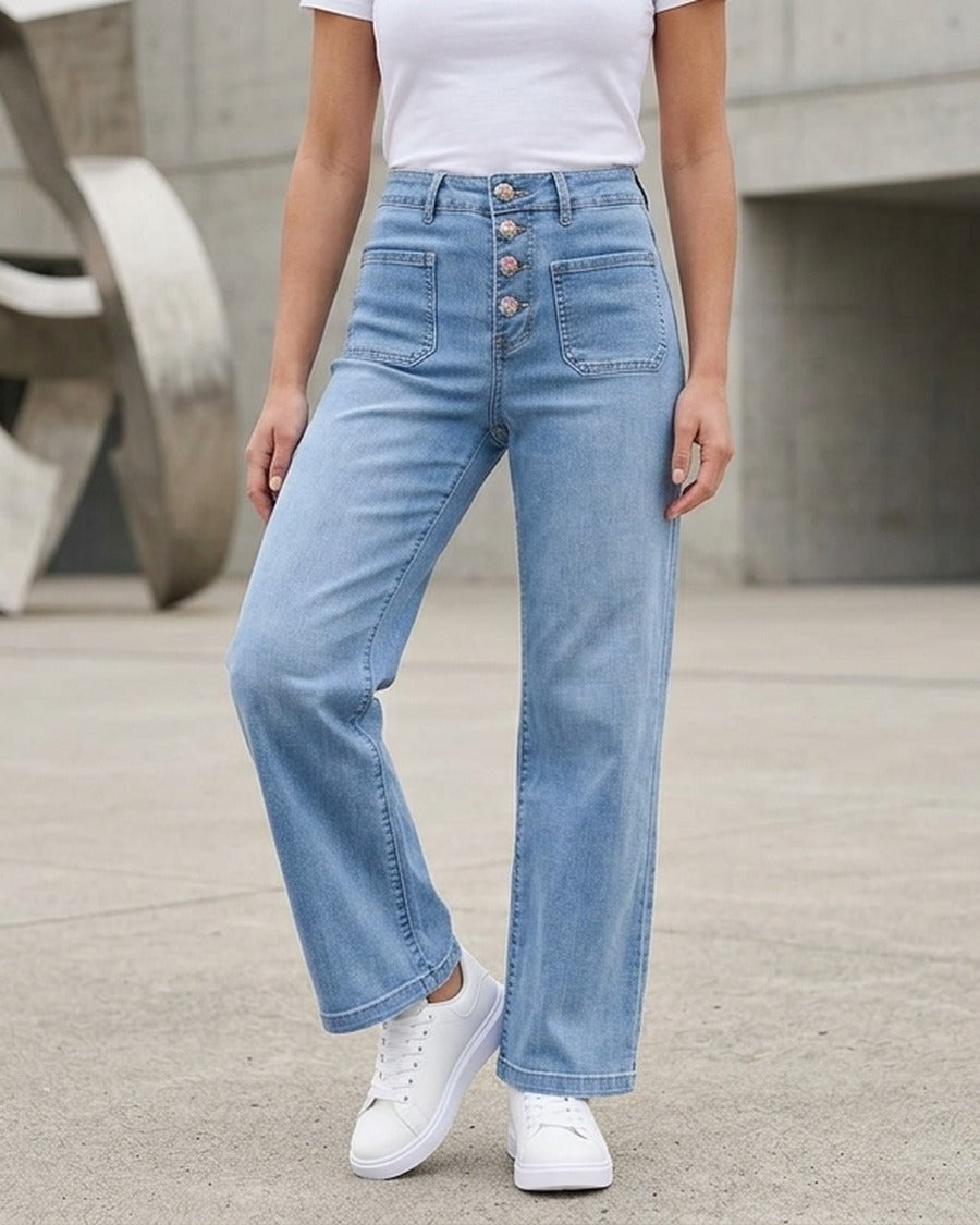Jean droit à boutons brodés fleuris - Bleu denim