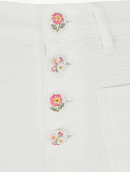 Jean droit à boutons brodés fleuris - Blanc - 3