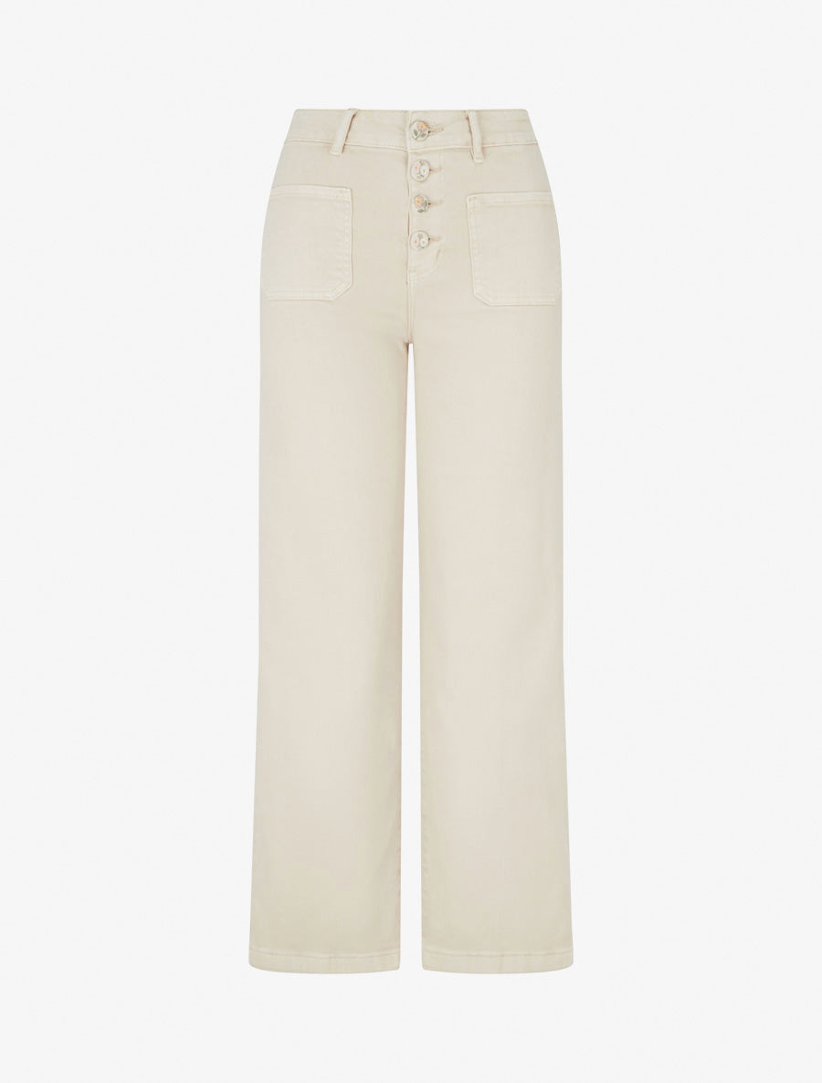 Jean droit à boutons brodés fleuris - Beige - 1