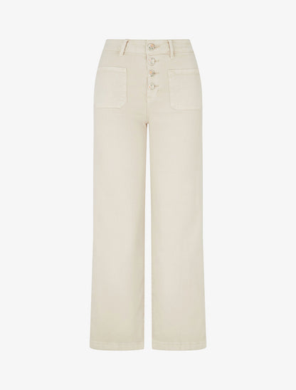 Jean droit à boutons brodés fleuris - Beige - 1