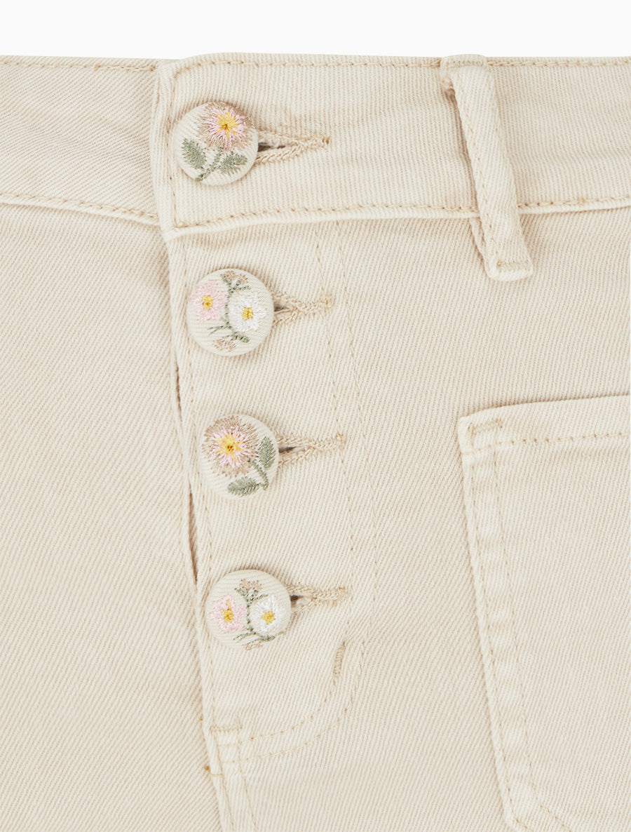 Jean droit à boutons brodés fleuris - Beige - 3