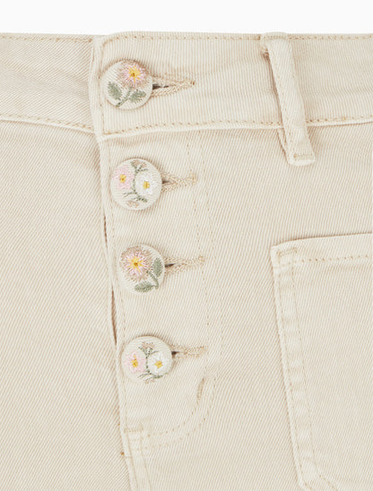 Jean droit à boutons brodés fleuris - Beige - 3