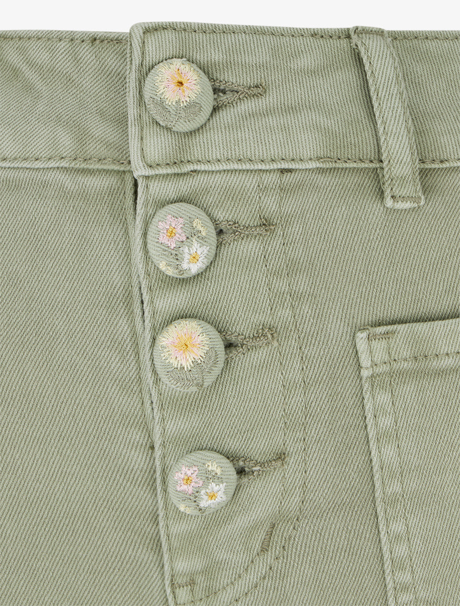 Jean droit à boutons brodés fleuris - Kaki - 3