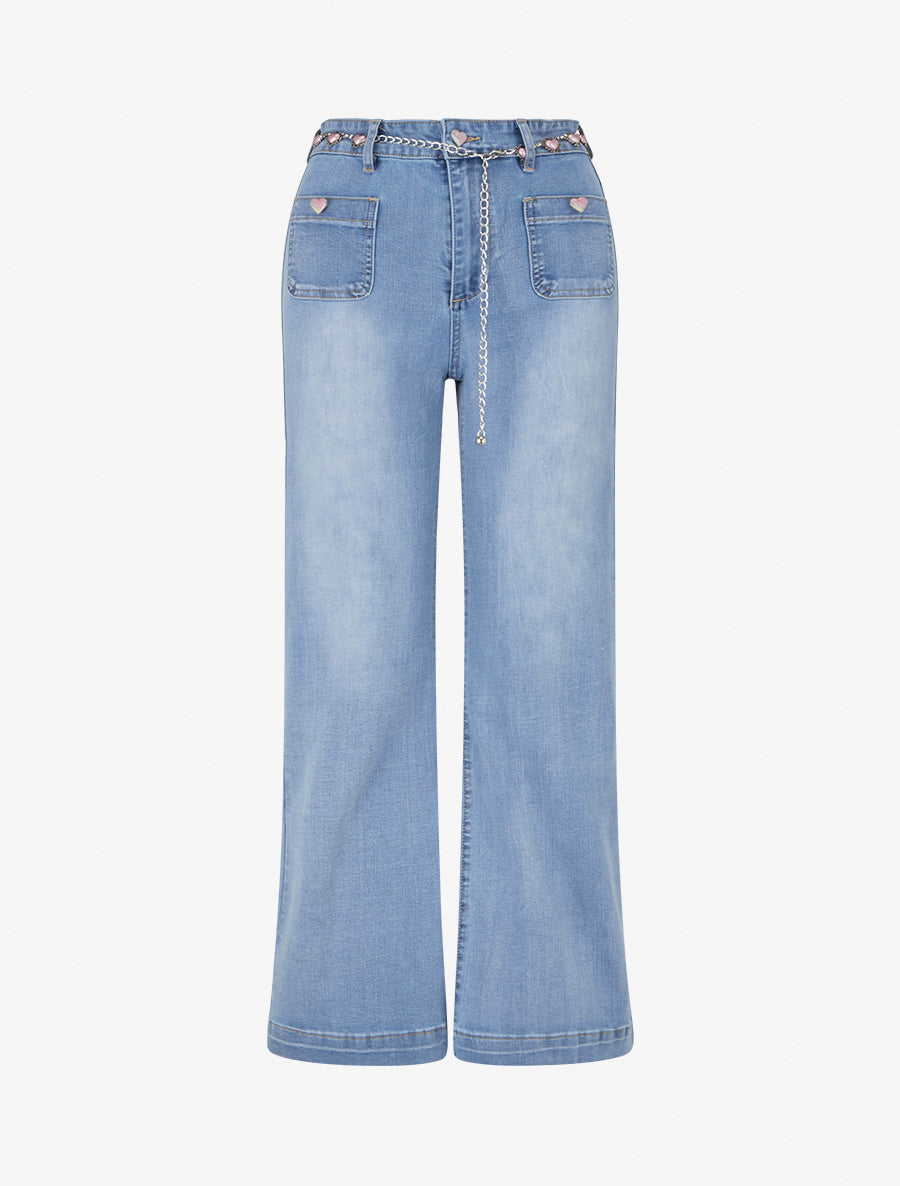 Jean droit à ceinture et boutons coeurs - Bleu - 1