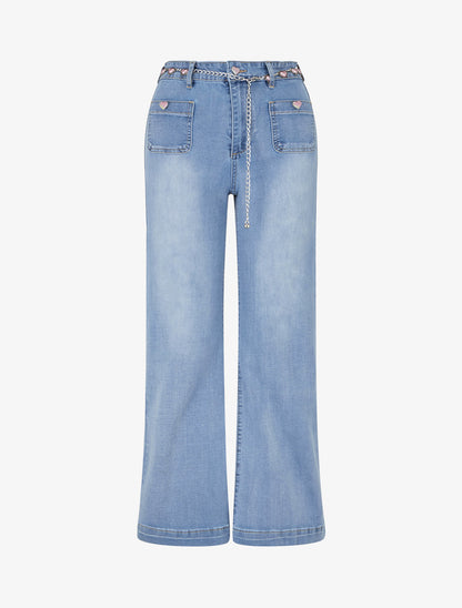 Jean droit à ceinture et boutons coeurs - Bleu - 1