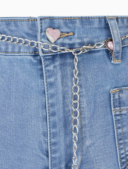 Jean droit à ceinture et boutons coeurs - Bleu - 3