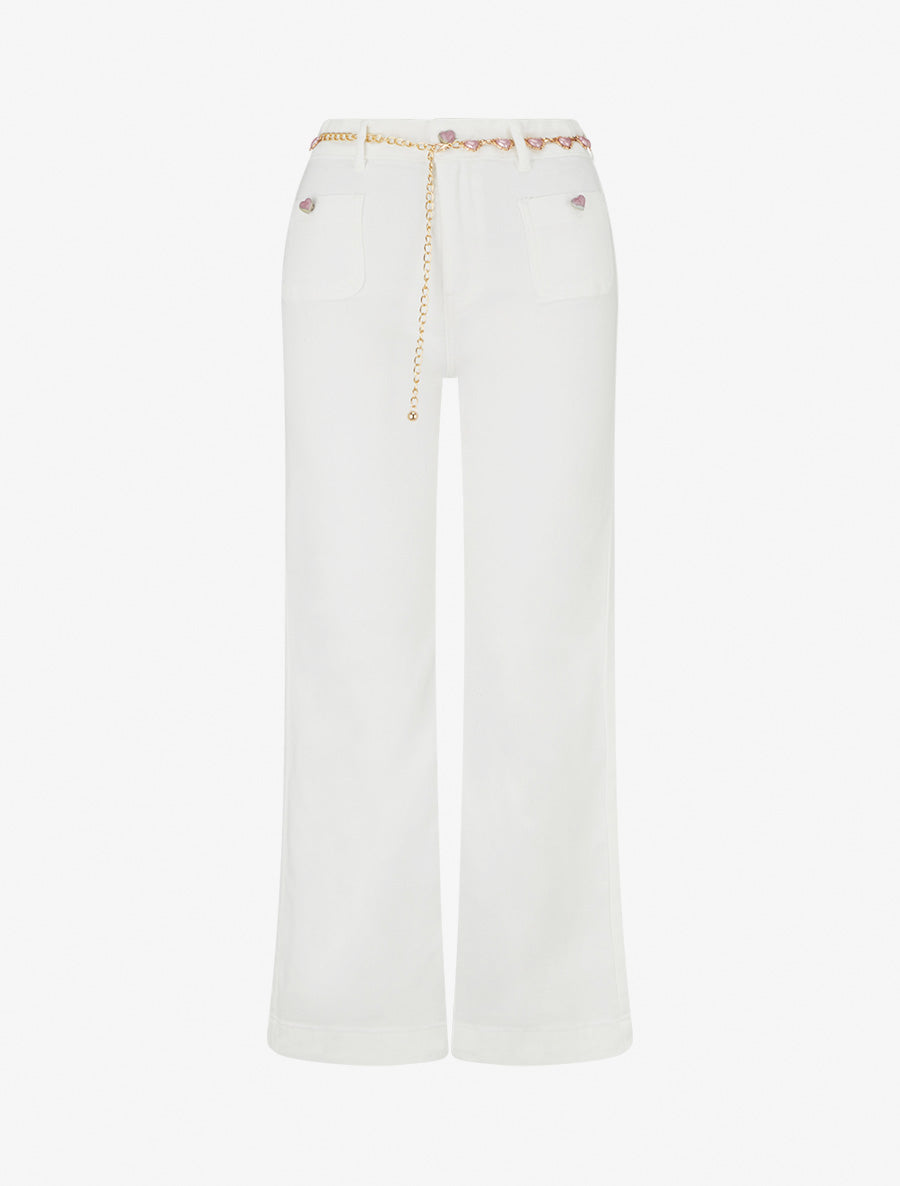 Jean droit à ceinture et boutons coeurs - Blanc - 1
