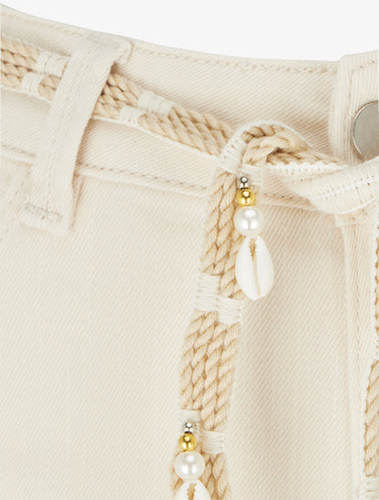 Jean slim à revers et ceinture coquillages - Beige - 3