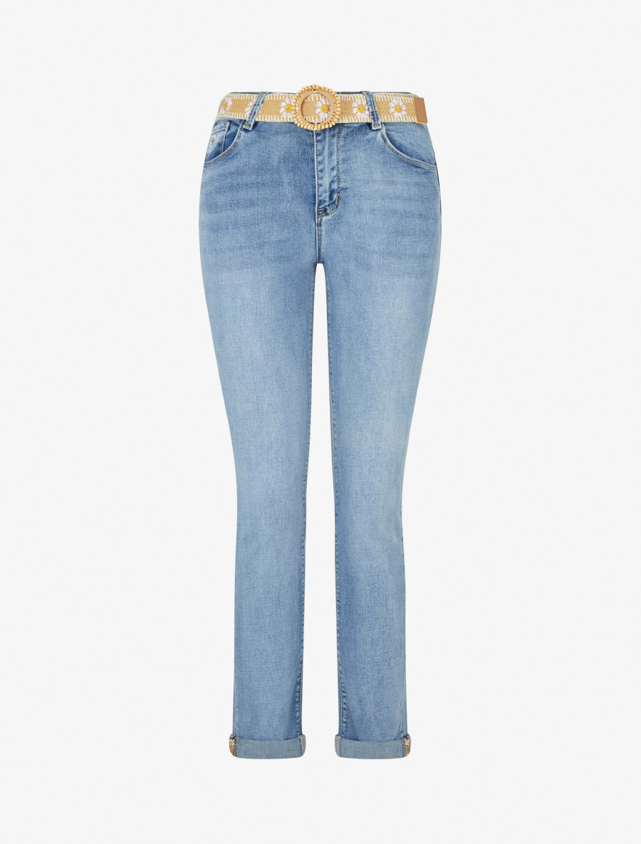 Jean slim à revers et ceinture en osier - Bleu - 1
