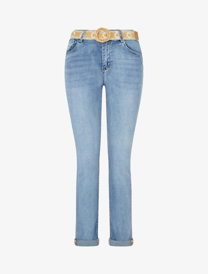 Jean slim à revers et ceinture en osier - Bleu - 1