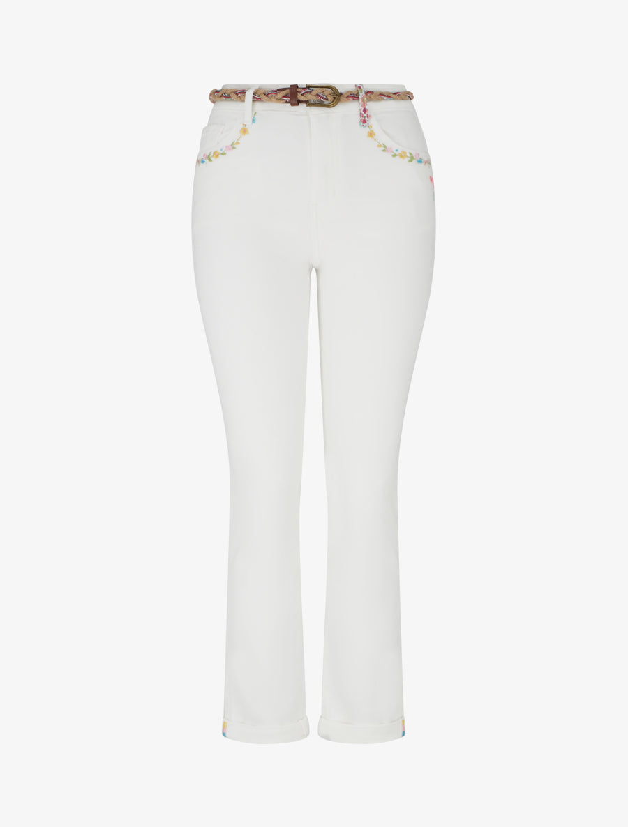Jean slim à broderies petites fleurs - Blanc - 1