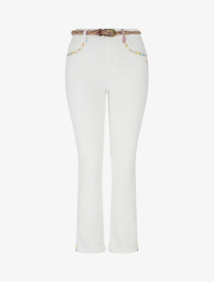 Jean slim à broderies petites fleurs - Blanc - 1