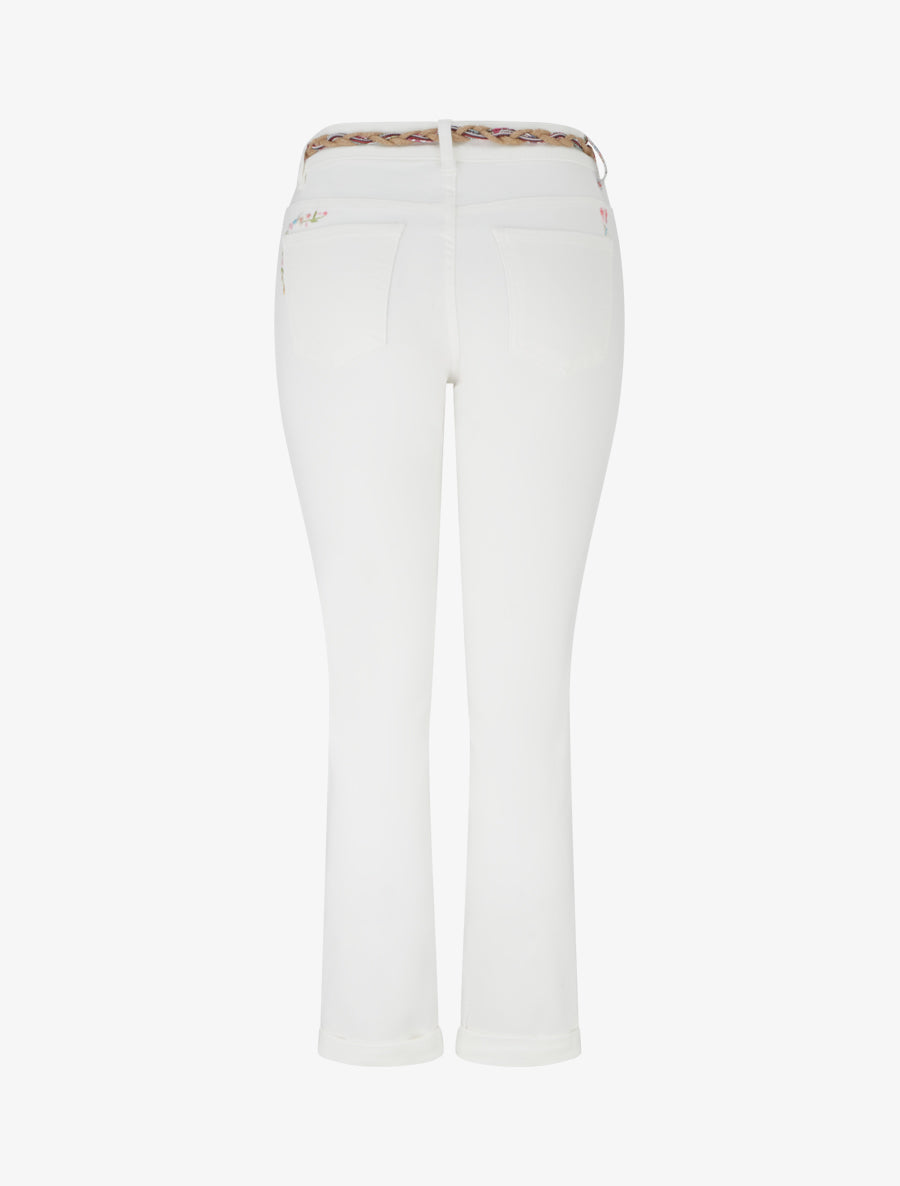 Jean slim à broderies petites fleurs - Blanc - 2