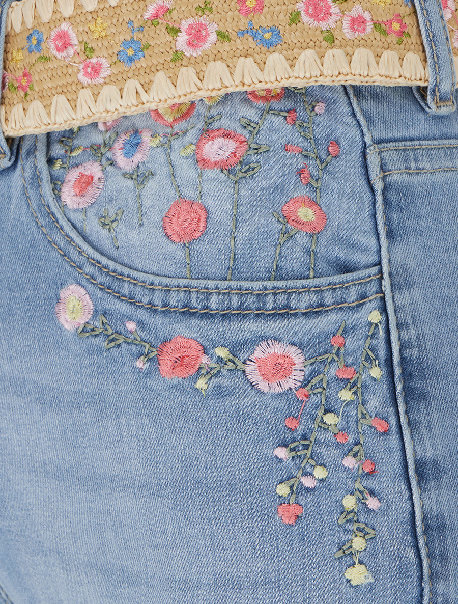 Jean à ourlet et broderies fleurs - Bleu - 3