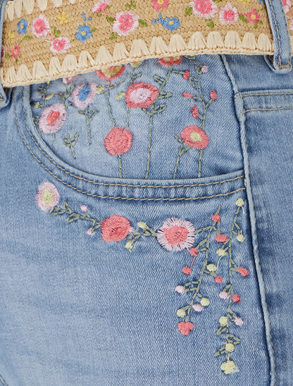 Jean à ourlet et broderies fleurs - Bleu - 3