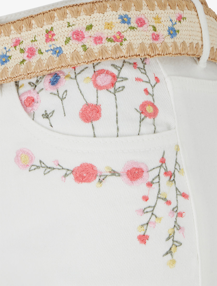 Jean à ourlet et broderies fleurs - Écru - 3