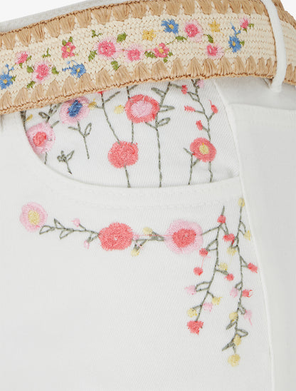 Jean à ourlet et broderies fleurs - Écru - 3