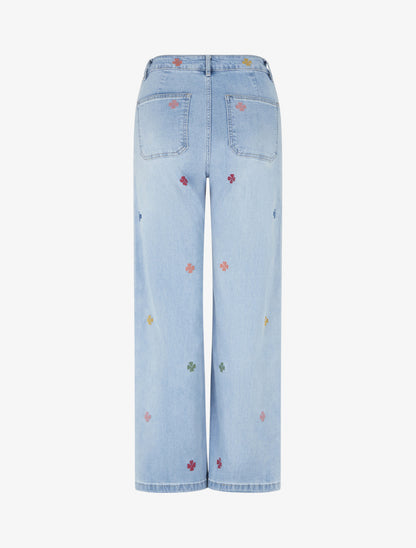 Jean à motif trèfles à 4 feuilles coupe droite - Bleu - 2