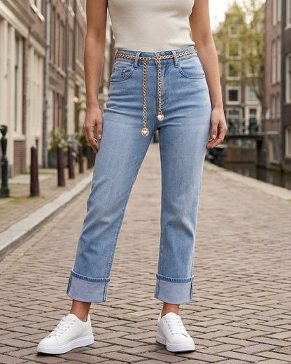 Jean 7/8 à revers coupe droite - Bleu