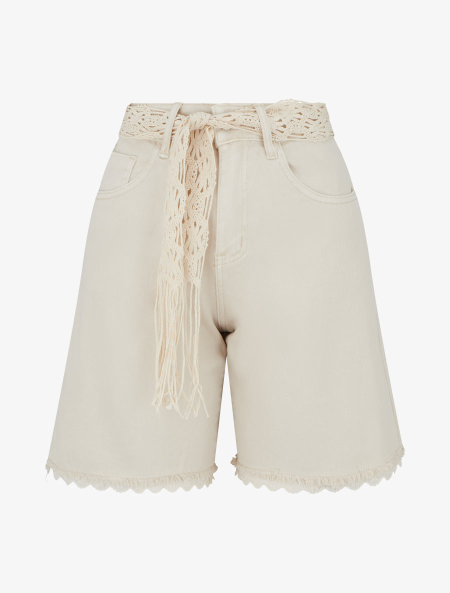 Short en jean à détail dentelle - Beige - 1