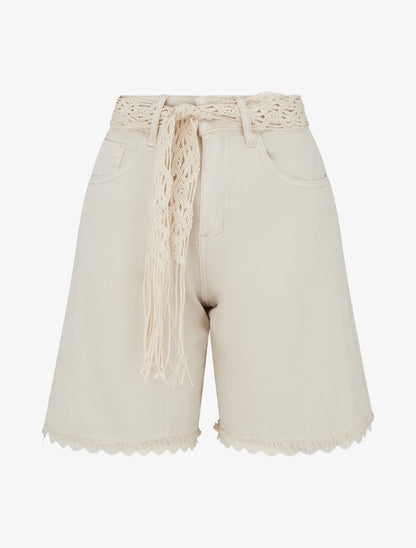 Short en jean à détail dentelle - Beige - 1