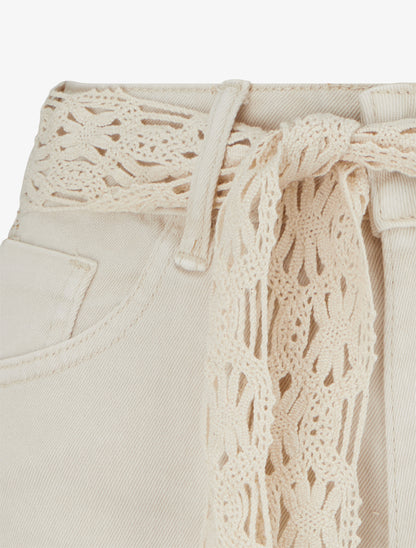 Short en jean à détail dentelle - Beige - 3