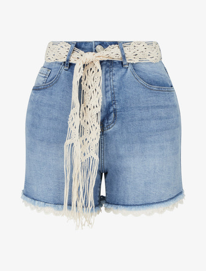 Short droit à bords en dentelle - Bleu - 1