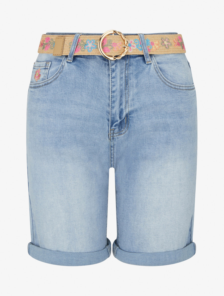 Short à broderie fleurs - Bleu - 1