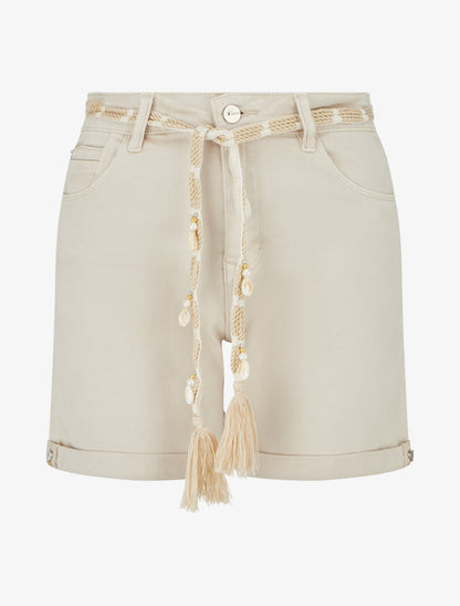 Short uni à ourlets et strass - Beige - 1