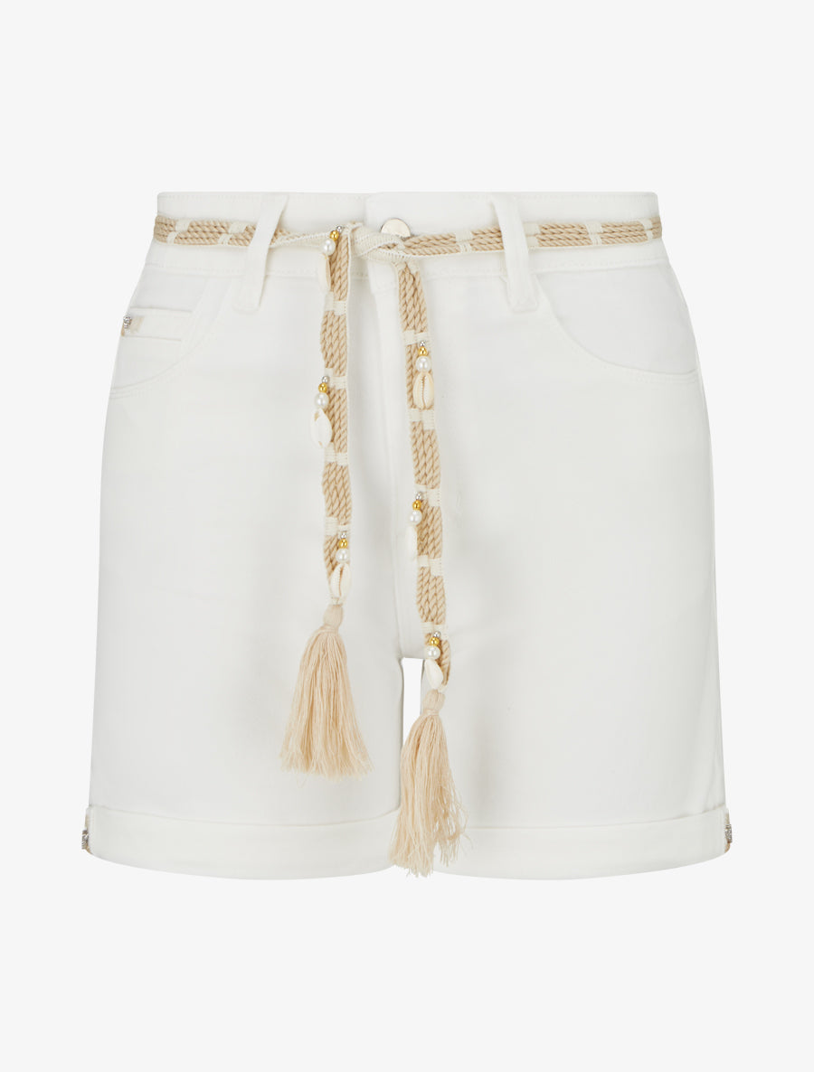 Short uni à ourlets et strass - Écru - 1