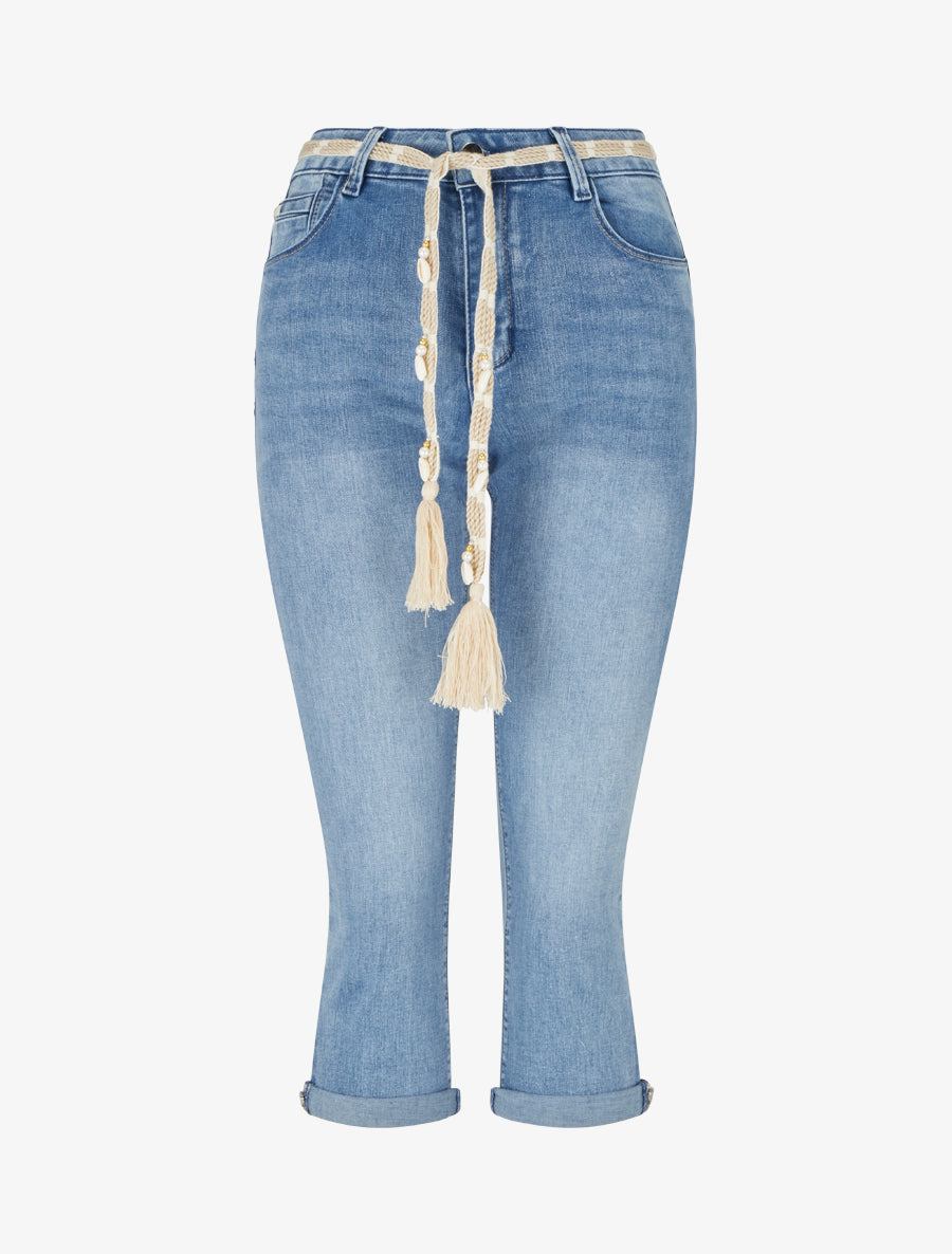 Pantacourt en jean à ceinture coquillages - Bleu - 1