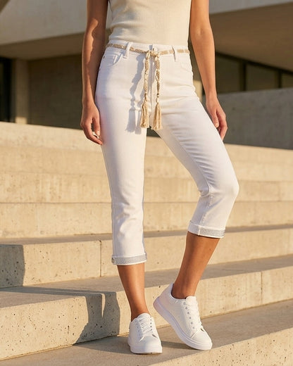 Pantacourt en jean à ceinture coquillages - Blanc