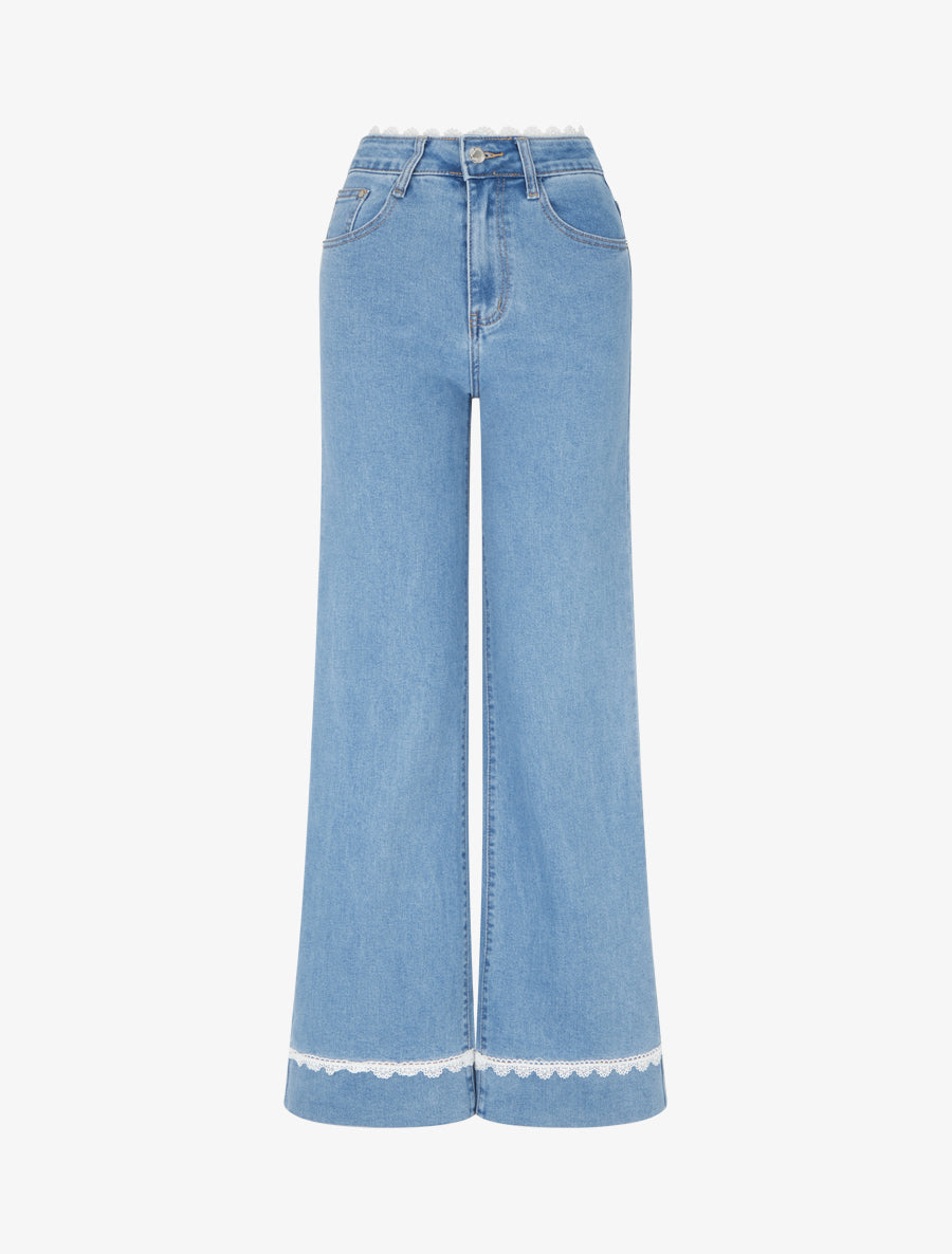 Jean droit taille et bords en dentelle - Bleu - 1
