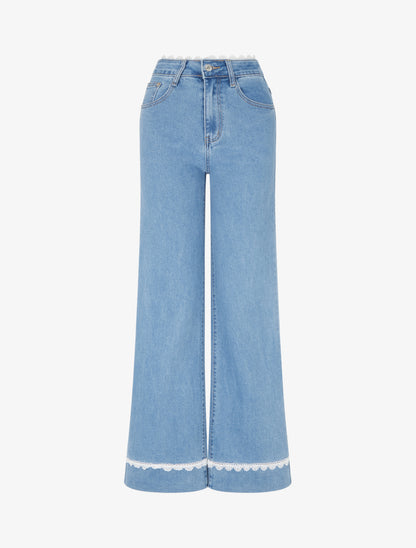 Jean droit taille et bords en dentelle - Bleu - 1